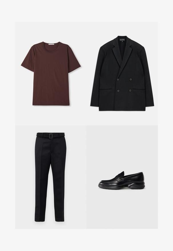 Sacou negru cu două rânduri de nasturi, cu reveri înclinate, patru nasturi și două buzunare externe, așezat pe un fundal alb.; Tricou scurt cu mânecă din bumbac moale, de culoare burgundy închis. Dispune de un guler rotund și o croială lejeră, fără modele sau accesorii vizibile.; Pantalonii negri ajustați sunt fabricați dintr-un material neted, au croi drept și o talie încrustată cu o cataramă rectangulară. Pliseele frontale notabile îmbunătățesc designul.; Mocasini din piele neagră cu o talpă din cauciuc texturat, joasă, și un design cusut în partea superioară. Se remarcă printr-un vârf rotunjit și o minimală decorațiune.