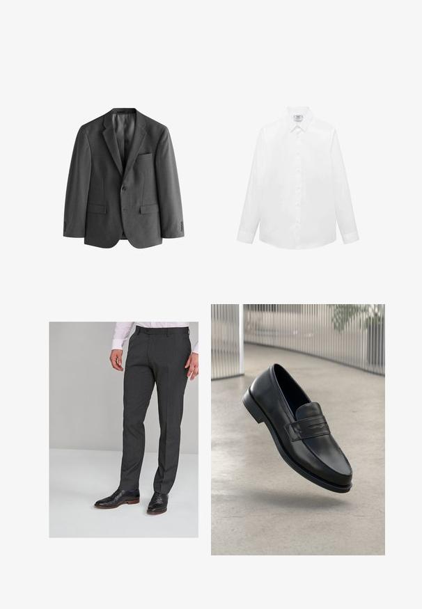 Sivý blejzer vyrobený z textúrovanej látky, s jedným gombíkom na zapínanie, zúženými klopami a vreckom na hrudi. Obsahuje dve predné vrecká.; Biela dlhá košeľa s dlhým rukávom z hladkej tkaniny, s klasickým golierom, zapínaním na gombíky a zakriveným lemom. Minimalistický dizajn bez vzorov.; Sivé prispôsobené nohavice s hladkou textúrou, so plochým predným dielom a pútkami na opasok, spojené s čiernymi spoločenskými topánkami.; Čierna kožená mokasína s hladkou textúrou, špicatou špičkou a ozdobným remienkom cez priehlavok. Ľahká podrážka, minimalistický dizajn.