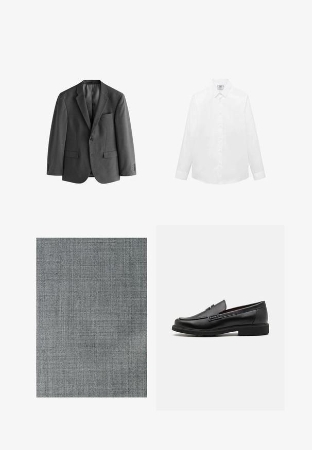 Blazer gris en tissu texturé, avec une fermeture à un bouton, des revers notch et une poche poitrine. Deux poches avant incluses.; Chemise blanche à manches longues en tissu lisse, dotée d'un col classique, d'une fermeture à boutons et d'un ourlet arrondi. Design minimaliste sans motifs.; Tissu gris avec un motif tissé texturé. La surface est lisse, présentant des variations subtiles de tons et une fine structure en grille.; Chaussures de ville synthétiques noires avec un devant cousu bien visible, semelle intérieure rembourrée et semelle extérieure en caoutchouc plate ; design épuré avec un minimum de détails.