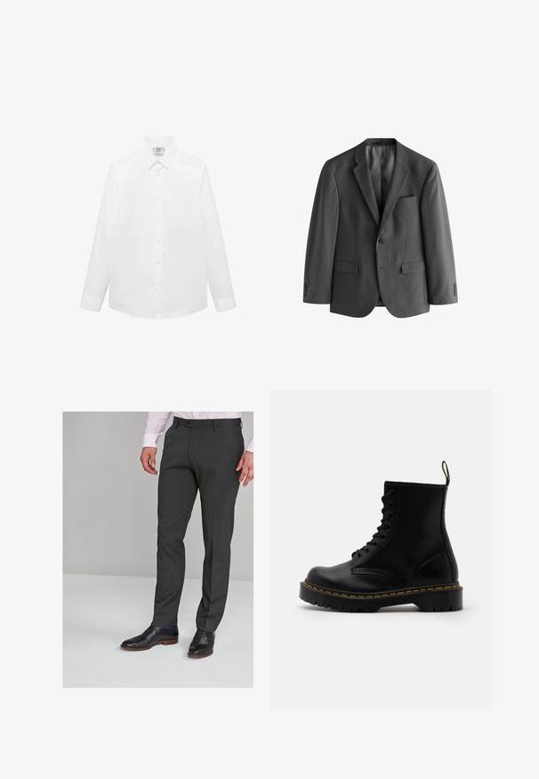 Sivý blejzer vyrobený z textúrovanej látky, s jedným gombíkom na zapínanie, zúženými klopami a vreckom na hrudi. Obsahuje dve predné vrecká.; Biela dlhá košeľa s dlhým rukávom z hladkej tkaniny, s klasickým golierom, zapínaním na gombíky a zakriveným lemom. Minimalistický dizajn bez vzorov.; Sivé prispôsobené nohavice s hladkou textúrou, so plochým predným dielom a pútkami na opasok, spojené s čiernymi spoločenskými topánkami.; Čierne kožené členkové čižmy s šnurovaním vpredu, žltým prešívaním, okrúhlou špičkou a hrubou, textúrovanou gumovou podrážkou.