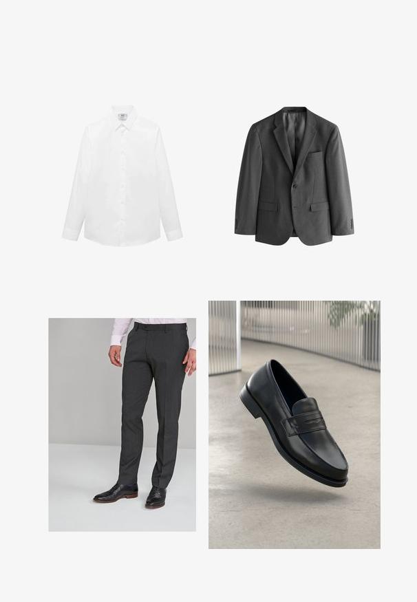 Sacou gri din material texturat, cu închidere cu un singur nasture, rever tip notch și un buzunar pe piept. Include două buzunare frontale.; Cămașă albă cu mâneci lungi dintr-un material neted, având un guler clasic, închidere cu butoane și un tiv curbat. Design minimalist, fără modele.; Pantaloni gri, croiți, cu o textură netedă, având un front plat și curea pentru brâu, asociați cu pantofi negri de ceremonie.; Mocasini negri din piele cu textură fină, vârf ascuțit și o curea decorativă peste laba piciorului. Talpă ușoară, design minimalist.