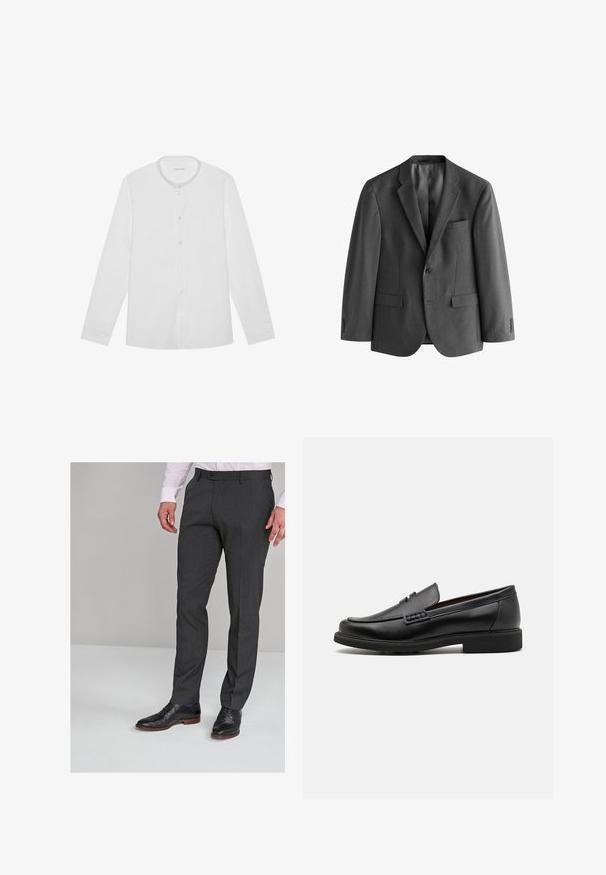 Blazer gris en tissu texturé, avec une fermeture à un bouton, des revers notch et une poche poitrine. Deux poches avant incluses.; Chemise blanche à manches longues avec col montant et une poche poitrine, posée à plat sur un fond uni.; Pantalons gris sur mesure avec une texture lisse, présentant une taille plate et des passants de ceinture, assortis à des chaussures de ville noires.; Chaussures de ville synthétiques noires avec un devant cousu bien visible, semelle intérieure rembourrée et semelle extérieure en caoutchouc plate ; design épuré avec un minimum de détails.