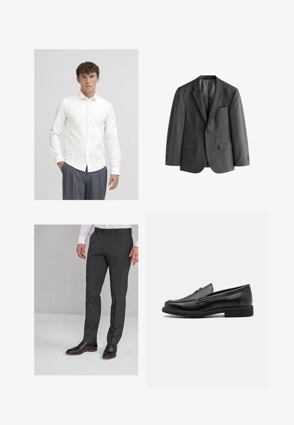 Szürke blézer texturált anyagból, egy gombos záródással, fokozatos résszel és mellzsebbel. Két elülső zseb található rajta.; Fehér, hosszú ujjú, gombos ing, sima anyagból készült. Klasszikus gallérral és karcsú szabással rendelkezik, szürke csíkos nadrággal párosítva.; Szürke, finom szabású nadrág sima felülettel, lapos elülső résszel és övbújtatókkal, fekete öltönycipővel párosítva.; Fekete szintetikus lóferek, feltűnő varrott elejükkel, párnázott talpbetéttel és lapos gumitalppal; letisztult dizájn minimális részletekkel.