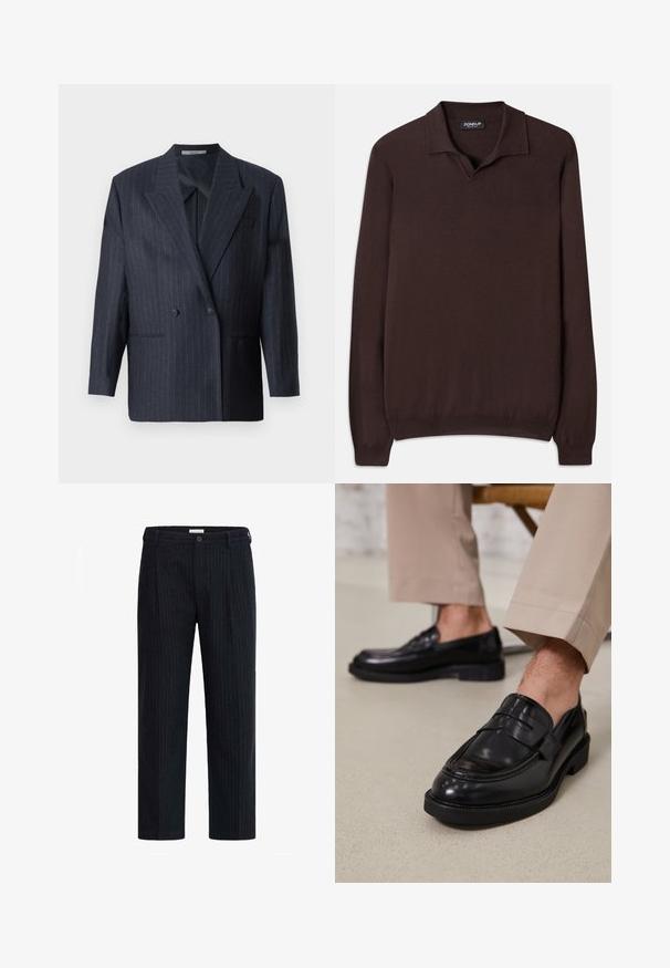 Marineblå stribede dobbeltradet blazer med brede klapper, lavet af tekstureret stof. Har stiklommer og to knapper.; Dondup REGULAR FIT SHIRT - Strikkegenser - cioccolato; Mørke stripete bukser med rette ben, knappelukking og skreddersydde legg, laget av et teksturert stoff.; Svarte skinnloafers med glatt overflate, med en dekorativ stropp og kontrastbroderi, sammen med beige bukser.