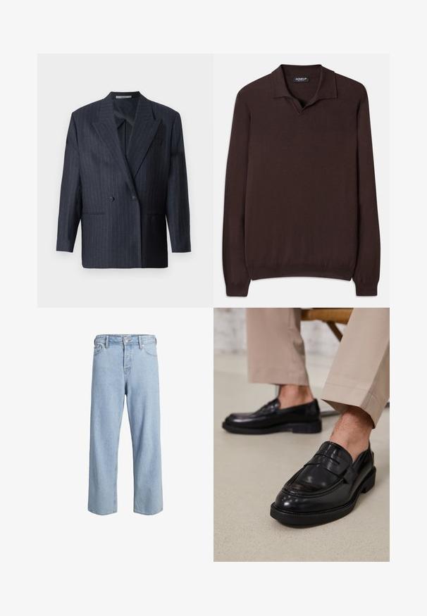 Marineblå stribede dobbeltradet blazer med brede klapper, lavet af tekstureret stof. Har stiklommer og to knapper.; Dondup REGULAR FIT SHIRT - Strikkegenser - cioccolato; Lyseblå denimjeans med bred benstruktur, høy midje, frontlommer og knappelukking. Stoffet har en teksturert overflate med en lett falmet finish.; Svarte skinnloafers med glatt overflate, med en dekorativ stropp og kontrastbroderi, sammen med beige bukser.