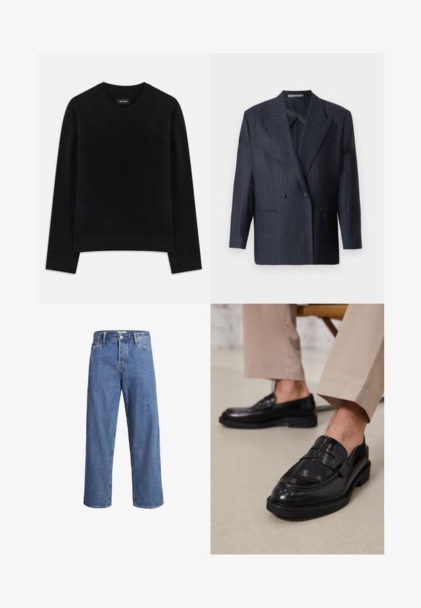 Tamsiai mėlynai dryžuotas dvigubas švarkas su plačiomis apykaklėmis, pagamintas iš tekstūruotos medžiagos. Yra kišenės ir du mygtukai.; Juodas megztinis, pagamintas iš minkštos medžiagos, turi apvalų iškirpimą, ilgas rankoves, laisvą siluetą ir džinsinę apykaklę. Paprastas, vientisas dizainas be raštų.; Šviesiai mėlynos džinsinės kelnės su tiesiu kirpimu, aukštu liemeniu ir minimaliais siuvimo detalėmis. Audinys yra minkštas, šiek tiek nublukęs.; Juodi odiniai loaferiai su lygia apdaila, su dekoratyvine juosta ir kontrastinėmis siūlėmis, derinami su bežinėmis kelnėmis.