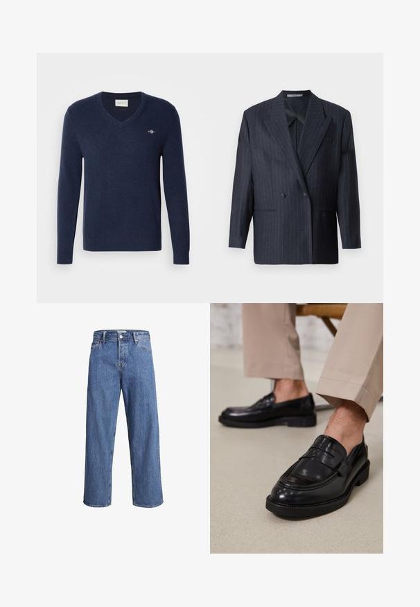 Mornarško prugasta dvoredna blazer jakna z širokimi reverji, izdelana iz teksturirane tkanine. Ima žepe na obeh straneh in dva gumba.; Mornarsko modra pulover z v-neck iz mehke pletene tkanine. Ima dolge rokave in majhen vezen logotip na levem prsnem delu. Klasičen kroj.; Svijetloplave traperice s ravnim nogavicama, visokim strukom i minimalnim detaljima šivanja. Tkanina ima mekan, blago izblijedjeli izgled.; Črne usnjene loafer čevlje z gladko površino, ki imajo okrasno zaponko in kontrastno šivanje, v kombinaciji s bež hlačami.