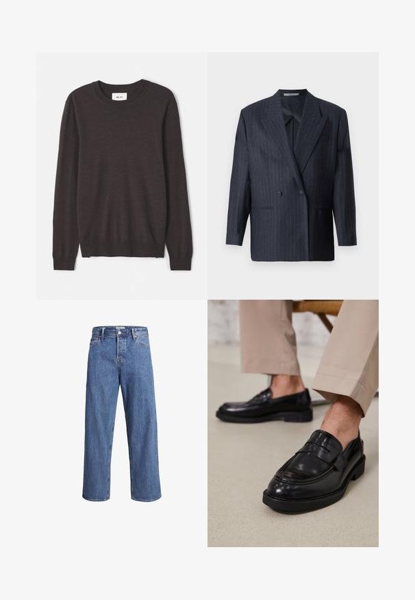 Navy pinstriped double-breasted blazer with wide lapels, made of textured fabric. Features patch pockets and two buttons.; Dark brown knit sweater with a rounded neckline, long sleeves, ribbed cuffs and hem, smooth texture, and minimal branding label.; Light blue denim jeans with a straight-leg design, high waist, and minimal stitching details. The fabric has a soft, slightly faded texture.; Black leather loafers with a smooth finish, featuring a decorative strap and contrast stitching, paired with beige trousers.