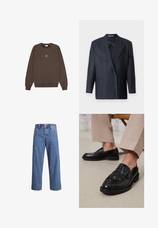 Marineblå stribede dobbeltradet blazer med brede klapper, lavet af tekstureret stof. Har stiklommer og to knapper.; Brun genser laget av bomull, med rund hals, ribbestrikkede mansjetter og en liten "II" logo sentrert på brystet. Myk tekstur.; Lyse blå denimjeans med rett ben, høy midje og minimale sømdetaljer. Stoffet har en myk, lett bleket tekstur.; Svarte skinnloafers med glatt overflate, med en dekorativ stropp og kontrastbroderi, sammen med beige bukser.