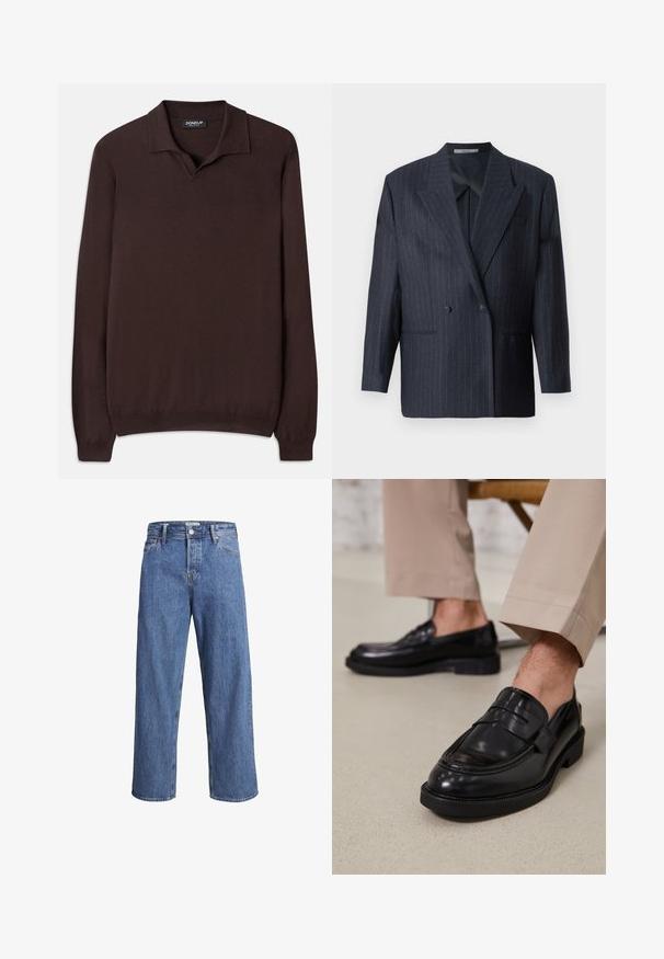 Blazer de rayas navy de doble botonadura con solapas anchas, hecho de una tela texturizada. Presenta bolsillos parche y dos botones.; Dondup REGULAR FIT SHIRT - Jersey de punto - cioccolato; Jeans de denim azul claro con un diseño de pierna recta, cintura alta y detalles de costura mínimos. La tela tiene una textura suave y ligeramente desvanecida.; Mocasines de cuero negro con un acabado suave, que cuentan con una correa decorativa y costuras en contraste, combinados con pantalones beiges.