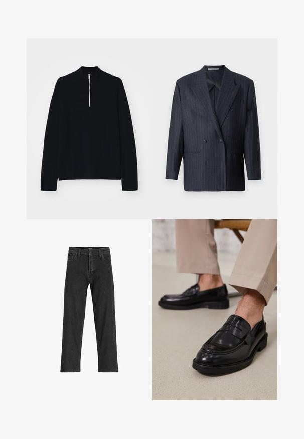 Tamsiai mėlynai dryžuotas dvigubas švarkas su plačiomis apykaklėmis, pagamintas iš tekstūruotos medžiagos. Yra kišenės ir du mygtukai.; Juodas ilgomis rankovėmis viršus, pagamintas iš minkštos medžiagos, su aukštu apykaklės dizainu ir pusiau užtrauktuku priekyje, su laisvu siluetu.; Juoda džinsinė kelnė su tiesaus kirpimo dizainu, su užtrauktuku, diržo kilpomis ir šešiais kišenėmis, pagaminta iš tvirto medvilnės mišinio.; Juodi odiniai loaferiai su lygia apdaila, su dekoratyvine juosta ir kontrastinėmis siūlėmis, derinami su bežinėmis kelnėmis.