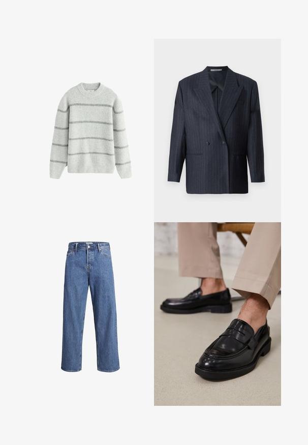 Navy striiped doppelt-knäppt blazer mit breiten Revers, aus strukturiertem Stoff. Verfügt über aufgesetzte Taschen und zwei Knöpfe.; Harmaa raidallinen neulepaita, joka on valmistettu pehmeästä ja tekstuurihaisesta kankaasta. Ominaisuuksiin kuuluu pyöreä kaula-aukko ja pitkät hihat, joissa on vaaleanharmaita ja tummanharmaita vaakaraitoja.; Vaaleansiniset farkut, joissa on suora lahje, korkea vyötärö ja minimaliset ompeluyksityiskohdat. Kangas on pehmeä ja hieman haalistunut.; Musta nahkakengät, joissa on sileä pinta, koristetasku ja kontrastisomistus, yhdistettynä vaaleanbeigeihin housuihin.