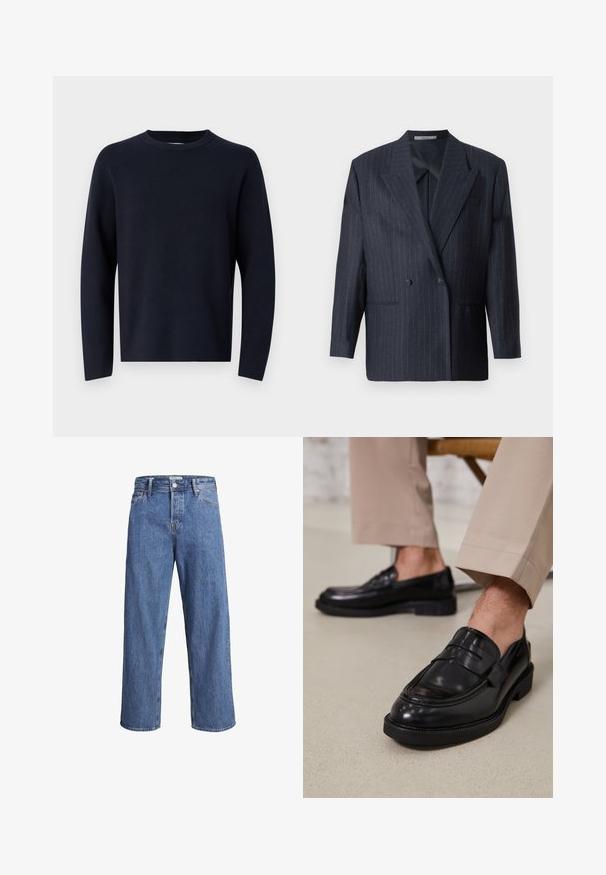 Blazer doppiopetto a righe navy con ampi risvolti, realizzato in tessuto testurizzato. Presenta tasche a toppa e due bottoni.; Maglione blu navy, collo rotondo, maniche lunghe, realizzato in tessuto morbido con una texture liscia. Design semplice, senza motivi visibili o accessori.; Jeans in denim blu chiaro con una vestibilità dritta, vita alta e dettagli di cucitura minimi. Il tessuto ha una texture morbida e leggermente sbiadita.; Mocassini in pelle nera con finitura liscia, dotati di una cintura decorativa e cuciture a contrasto, abbinati a pantaloni beige.
