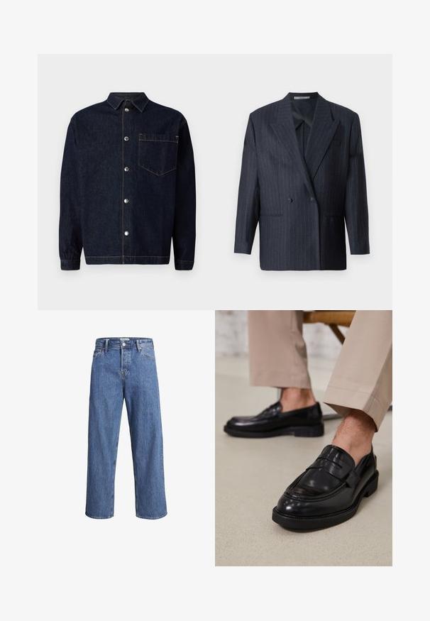 Blazer doppiopetto a righe navy con ampi risvolti, realizzato in tessuto testurizzato. Presenta tasche a toppa e due bottoni.; Giacca camicia in denim blu scuro con chiusura frontale a bottoni, colletto a punta, taschino sul petto e dettagli di cucitura arancione a contrasto.; Jeans in denim blu chiaro con una vestibilità dritta, vita alta e dettagli di cucitura minimi. Il tessuto ha una texture morbida e leggermente sbiadita.; Mocassini in pelle nera con finitura liscia, dotati di una cintura decorativa e cuciture a contrasto, abbinati a pantaloni beige.