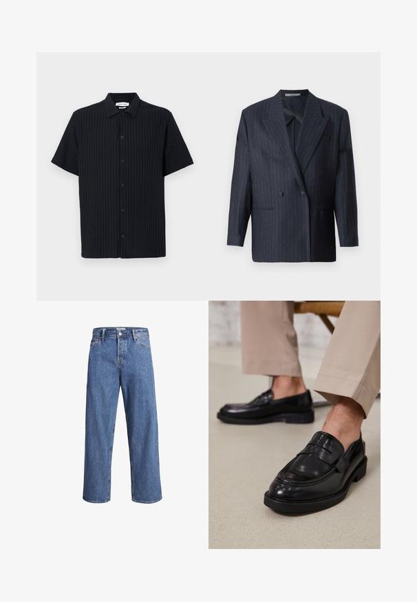 Marineblå stribede dobbeltradet blazer med brede klapper, lavet af tekstureret stof. Har stiklommer og to knapper.; Kortermet svart skjorte med ribbet tekstur, knappfeste foran og klassisk kragedesign. Ingen synlige mønstre eller detaljer.; Lyse blå denimjeans med rett ben, høy midje og minimale sømdetaljer. Stoffet har en myk, lett bleket tekstur.; Svarte skinnloafers med glatt overflate, med en dekorativ stropp og kontrastbroderi, sammen med beige bukser.