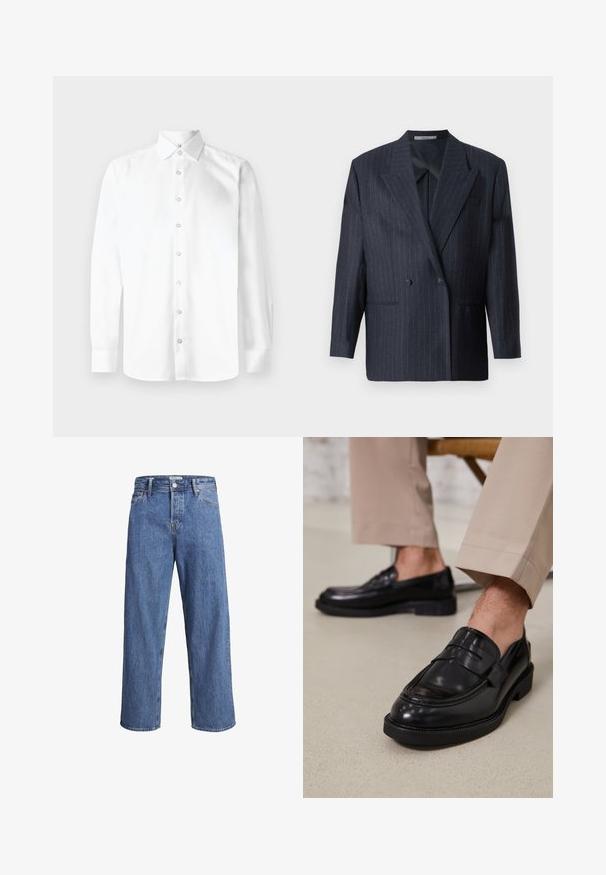 Marineblau gestreifter, doppelt geknöpfter Blazer mit breiten Revers, aus strukturiertem Stoff. Verfügt über aufgesetzte Taschen und zwei Knöpfe.; Weißes Langarmhemd mit spitzem Kragen, durchgehender Knopfleiste und Ein-Knopf-Manschetten. Glattes, einfarbiges Gewebe ohne Muster oder Verzierungen.; Hellblaue Denim-Jeans mit geradem Bein, hohem Bund und minimalen Nähdetails. Der Stoff hat eine weiche, leicht ausgewaschene Textur.; Schwarze Lederloafers mit glatter Oberfläche, ausgestattet mit einem dekorativen Riemen und Kontrastnähten, kombiniert mit beigen Hosen.