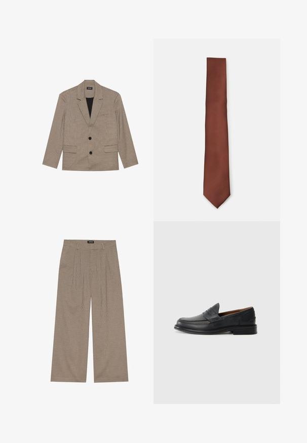 Rjav karirast suknjič z notched ovratnikom, dvema sprednjima žepoma in dvema gumboma. Narejen iz teksturirane tkanine, s črno podlogo.; Bela srajca z dolgimi rokavi v paketu po dveh, s sprednjim zapenjanjem na gumbe, ovratnikom in manšetam, izdelana iz gladkega blaga brez vzorcev.; Karirane široke hlače v bež in rjavi barvi z visokim pasom in nagubanimi sprednjimi deli, izdelane iz mehkega materiala za udobje in spust.; Črne usnjene loafer čevlje z všitjem vzorcem, okroglo konico, nizko zloženo peto in zasnovo za enostavno obuvanje. Gladka tekstura s subtilnim sijajem.; Brah zavezi s sivo-rjavim trakastim vzorcem, koničastim koncem in gladko površino, zasnovan za formalna ali profesionalna okolja.