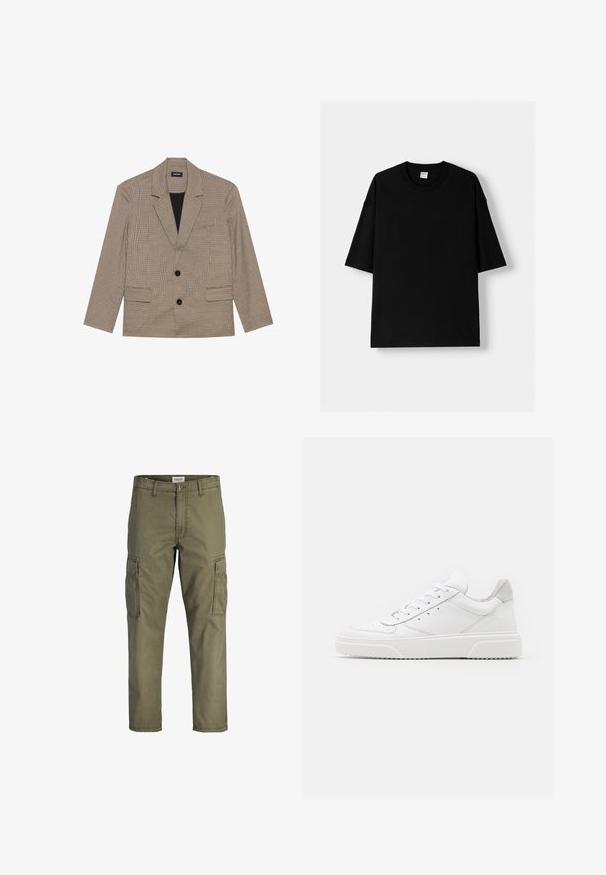 Braun karierter Blazer mit Reverskragen, zwei Fronttaschen und zwei Knöpfen. Aus strukturiertem Stoff gefertigt, mit einem schwarzen Futter.; Schwarzes Baumwoll-T-Shirt mit kurzenÄrmeln, Rundhalsausschnitt und lockerer Passform. Glatte Textur und minimalistisches Design, ohne Muster oder Akzente.; Olivgrüne Cargo-Hosen aus Baumwollstoff, mit Seitentaschen, geradem Schnitt und einem Bund mit Knopfverschluss.; Weiße Leder-Sneaker mit glatter Oberfläche, rundem Zehenbereich, flachen Schnürsenkeln und strukturiertem Schuhsohlen. Graues Wildleder-Detail an der Ferse.