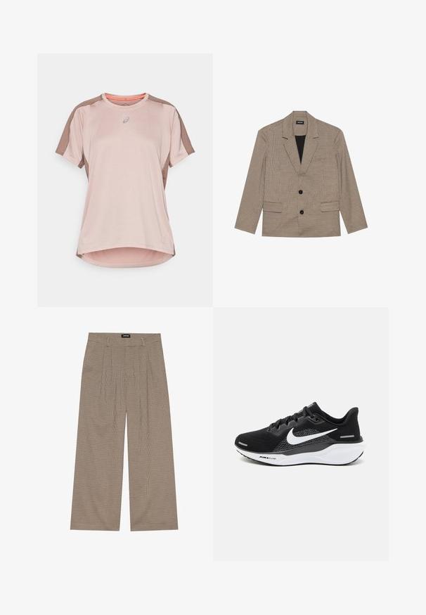 Pruun ruuduline bleiser, millel on sälguline krae, kaks esikotti ja kaks nööpi. Valmistatud tekstureeritud kangast, musta voodriga.; Kerlakergu roosa spordipaita, millel on tekstureeritud võrgusilm kehaja, pruunid varrukad ja ümaralähenemine. Eesmisel kaelusel on logo ja oranžid aktsendid.; Beige ja pruuni ruudulised laiade jalgade püksid kõrge vöökohaga ja volditud esiosaga, valmistatud pehmest kangast mugavuse ja langevuse jaoks.; Mustad mustreeritud ülikondadega mustad sportlikud jalanõud, millel on võrkkangas, valge Nike logo ja valge pehmendatud tald tekstuursete detailidega.