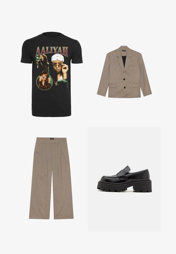 Brun rutig kavaj med notch-krage, två framfickor och två knappar. Tillverkad av texturerad tyg med svart foder.; Svart bomullströja med bilder av Aaliyah, med vita och gröna grafiska element och fet röd text för namnet "AALIYAH."; Rutig vida byxor i beige och brunt med hög midja och plisserad front, tillverkade av mjukt tyg för komfort och drapering.; Svarta läderskor med en kraftig gummisula, med en upphöjd plattform och ett band över fotryggen. Slät textur och rundad form.