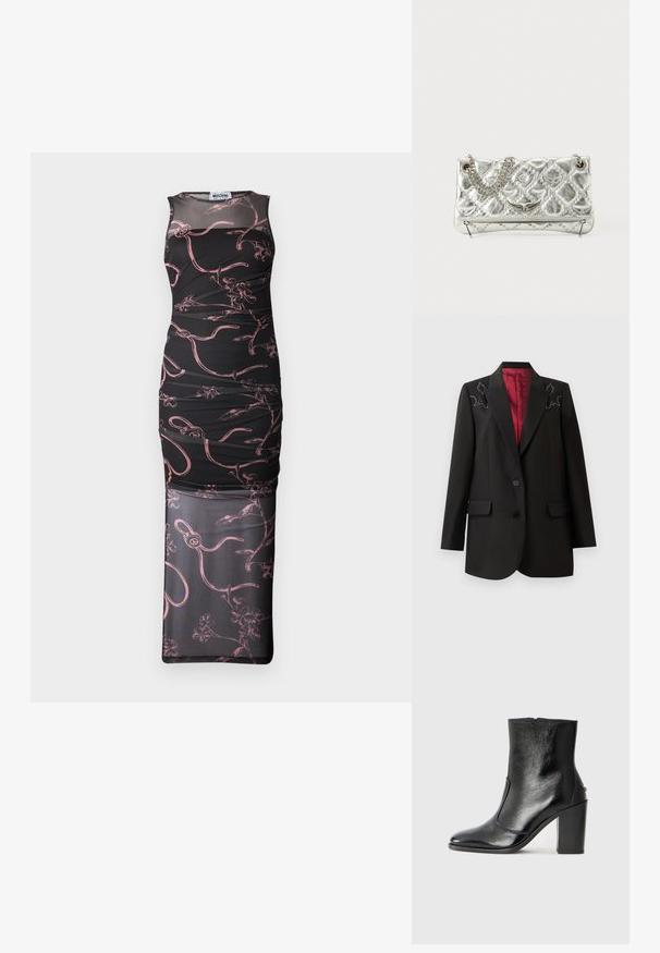 Čierny priliehavý blejzer s tmavočervenou podšívkou, s kvetinovou výšivkou na pleciach a dvoma prednými sklápacími vreckami. Zapínanie na dve gombíky.; Čierne šaty bez rukávov s priliehavým strihom, zdobené ružovými kvetinovými a abstraktnými líniovými vzormi, sieťovanou vrstvou a riasenou textúrou.; Čierna kožená kotníková obuv s hladkým povrchom, špicatou špičkou a masívnym vysokým podpätkom. Zdobená bočným otvorom a minimalistickým dizajnom.; Strieborná metalická kabelka s reťazovým držadlom, prešívanou textúrou, dekoratívnym prešívaním a zipsovým uzáverom. Na prednej strane má vyrazené akcenty.
