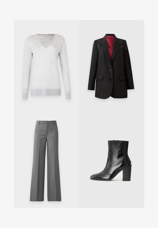Must mustrik blazer sügava punase voodriga, lillelise tikandiga õlgadel ja kahe esipoolse klapikottiga. Kahe nööbiga sulgemine.; Helehall pikka varrukaga sviiter V-kaelusega, pehme tekstuuriga ning soonikkoes mansettide ja alläärega. Kanga sees on tagasihoidlik melange muster.; Hallridedad pusikad püksid tekstureeritud kangast. Omavad ees pikki voldikesi, sobivat taljet ja poleeritud viimistlust, ideaalne ametlikeks olukordadeks.; Must kõvale nahast pahklipsu saapad, millel on sile tekstuur, terav varvas ja paks kõrge kann. Omab külgavatust ja minimalistlikku disaini.