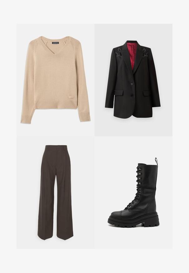 Czarna marynarka o dopasowanym kroju z głęboką czerwoną podszewką, ozdobiona haftem kwiatowym na ramionach oraz dwiema przednimi kieszeniami z klapką. Zapięcie na dwa guziki.; Beżowy sweter dzianinowy z dekoltem w kształcie V, z prążkowanymi mankietami oraz dołem, z małą metką po lewej stronie u dołu. Gładka faktura. Lekka konstrukcja.; Ciemnobrązowe spodnie z szerokimi nogawkami i wysokim stanem, wyróżniające się starannie wyprasowanymi zagnieceniami, gładką fakturą i dopasowanym krojem.; Czarne skórzane buty na sznurówki z grubą podeszwą, wysokim cholewką i teksturowaną powierzchnią, z metalowymi oczkami i pętlą do zakładania.