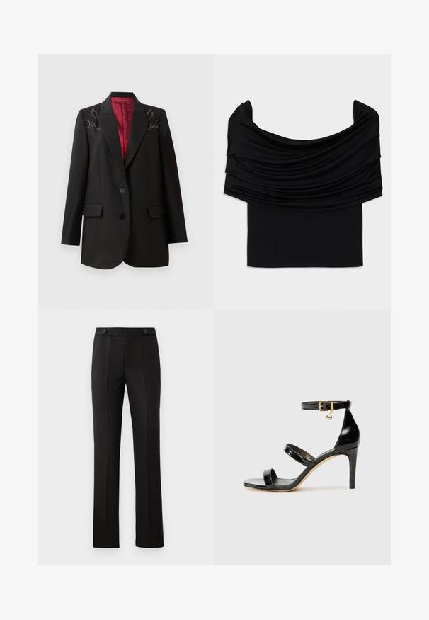 Blazer negro a medida con un forro rojo intenso, que presenta bordados florales en los hombros y dos bolsillos frontales con solapa. Cierre de dos botones.; Top negro sin mangas de hombros descubiertos con tela drapeada, textura suave y diseño ajustado. Presenta un dobladillo liso y minimalista en la cintura.; Pantalones negros ajustados con pierna recta, dos bolsillos delanteros, cierre de botón y detalles de pliegues en la parte delantera. Textura de tela suave.; Sandalia de charol negro con tres correas, hebilla en el tobillo y tacón de aguja de 10 cm. Presenta detalles de hardware en oro y un charm con el logo.