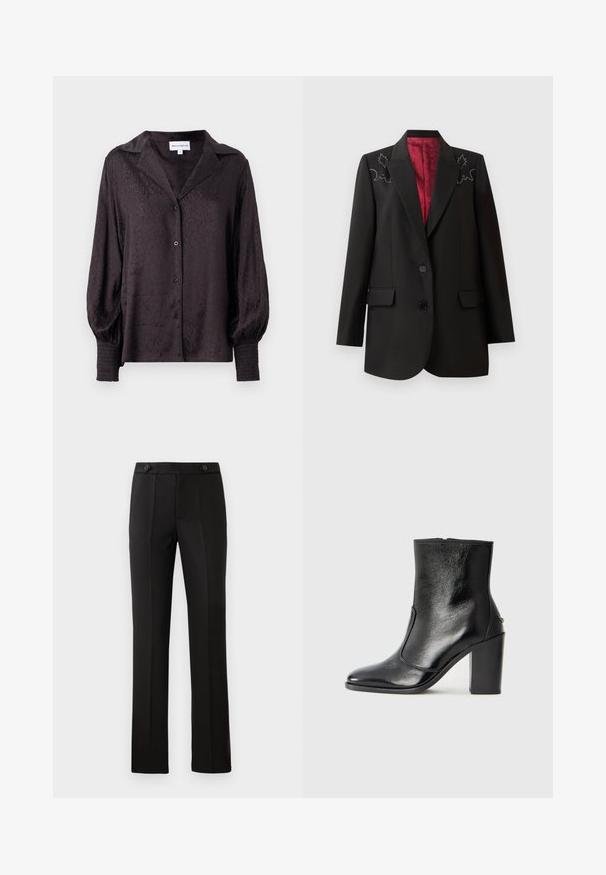 Černé ušité sako s tmavě červenou podšívkou, na ramenou s květinovou výšivkou a dvěma předními klopovými kapsami. Zapínání na dva knoflíky.; Černá saténová blůza s jemným zvířecím motivem, zapínání na knoflíky a volný střih. Má nařasené rukávy a smockované detaily na manžetách.; Černé elegantní kalhoty s rovnými nohavicemi, dvěma předními kapsami, zapínáním na knoflík a sklady na přední straně. Hladká struktura tkaniny.; Černé kožené kotníkové boty s hladkou texturou, špičatou špičkou a robustním vysokým podpatkem. Mají boční otvor a minimalistický design.