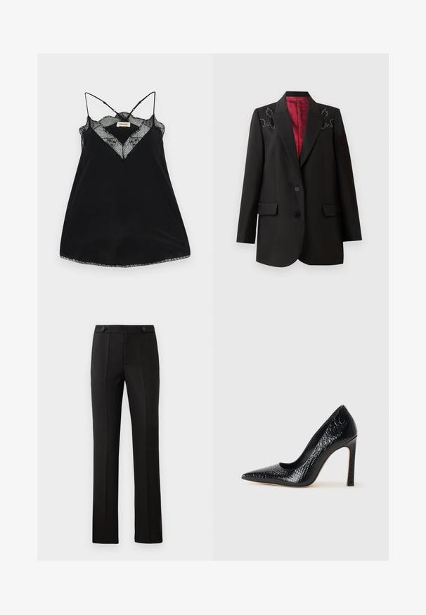 Blazer nero su misura con foderatura rosso scuro, caratterizzato da ricami floreali sulle spalle e due tasche anteriori con patta. Chiusura a due bottoni.; Camisole nera con spalline regolabili, caratterizzata da un scollo a V in pizzo e bordi scallopati. Tessuto morbido con una leggera lucentezza.; T-shirt nero a maniche corte con scollatura a V profonda, caratterizzato da un pannello in rete e un design stampato sullo strato interno. Tessuto morbido e traspirante.; Pantaloni neri su misura con gamba dritta, due tasche frontali, chiusura con bottone e dettagli con pieghe sul davanti. Tessuto morbido.; Scarpa nera con punta a punta alta in pelle di coccodrillo, caratterizzata da un design elegante, alto tacco a spillo e interno nero liscio.