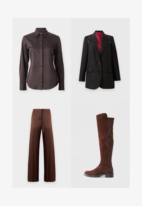 Blazer negro a medida con un forro rojo intenso, que presenta bordados florales en los hombros y dos bolsillos frontales con solapa. Cierre de dos botones.; Camisa de manga larga en marrón oscuro con cuello puntiagudo y tapeta oculta sobre un fondo blanco.; Pantalones de pierna ancha marrones hechos de una tela suave y ligera, con parte delantera plana, sin bolsillos y una silueta recta.; Bota alta de ante marrón y tela con tacón bajo negro y punta redondeada, mostrada en vista lateral sobre fondo blanco liso.