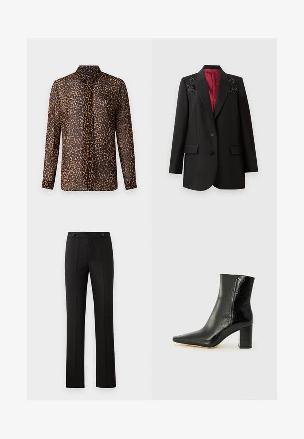 Blazer negro a medida con un forro rojo intenso, que presenta bordados florales en los hombros y dos bolsillos frontales con solapa. Cierre de dos botones.; Blusa de estampado de leopardo con cuello, mangas largas y botonera. Fabricada en una tela ligera y transparente en tonos marrones y negros.; Pantalones negros ajustados con pierna recta, dos bolsillos delanteros, cierre de botón y detalles de pliegues en la parte delantera. Textura de tela suave.; Botín negro hasta el tobillo fabricado en cuero brillante con punta afilada y tacón cuadrado y grueso. Presenta una textura suave y un diseño minimalista.