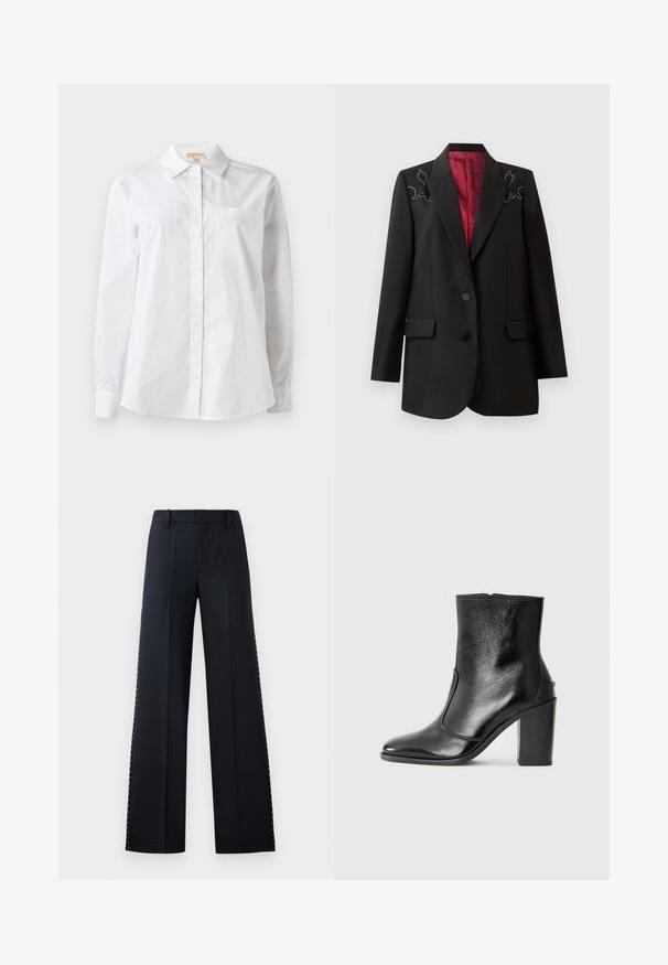 Fekete szabott blazer mélyvörös béléssel, virágos hímzéssel a vállakon és két elülső hajtókás zsebbel. Két gombos záródás.; Fehér, hosszú ujjú, pamut ing. Klasszikus gallérral, elülső gombos záródással és egyetlen mellzsebbel rendelkezik. Sima textúrájú.; Fekete, széles lábú nadrág. Kicsit karcsúsított szabás sima textúrával. Az oldalsó varrásnál fémgombok sorával díszítve.; Fekete bőr bokacipő sima textúrával, hegyes orral és vastag, magas sarkával. Oldalnyílással és minimalista dizájnnal rendelkezik.