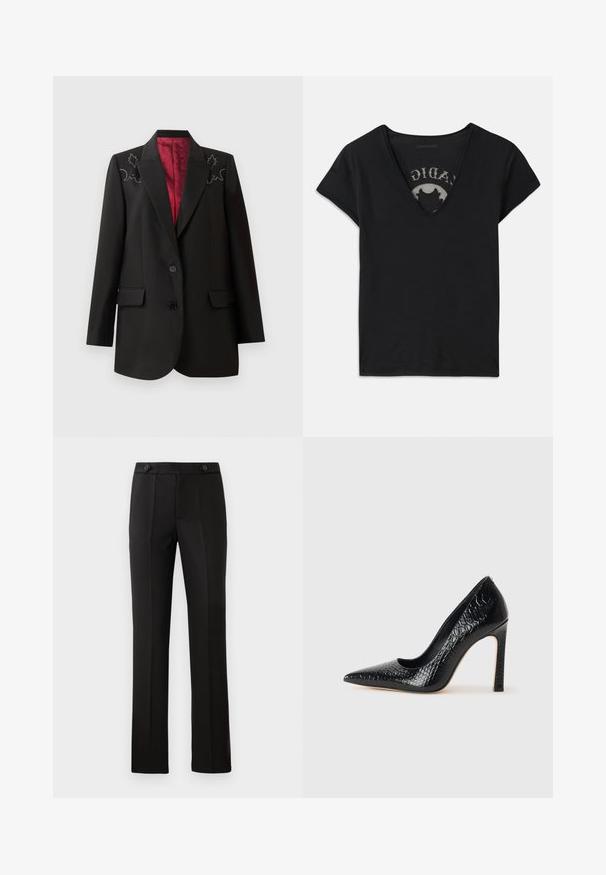 Melnā pielāgotā žaketē ar dziļi sarkanu oderi, ar ziedu izšuvumiem uz pleciem un divām priekšējām kabatām ar atloku. Divu pogu aizdare.; Melnas īsām piedurknēm T-krekls ar dziļo V-veida kakla izgriezumu, ar sēklu paneļa un drukātu dizainu uz iekšējās kārtas. Mīksta, elpojoša auduma.; Melnas pielāgotas bikses ar taisnu kāju, divām priekšējām kabatām, pogu aizdari un liekumu detaļām priekšpusē. Gluda auduma tekstūra.; Melni augstpapēžu apavi ar norādītu purngalu, ar krokodila ādas tekstūru, izceļoties ar elegantu dizainu, augstu stiletto papēdi un gludu melnu interjeru.