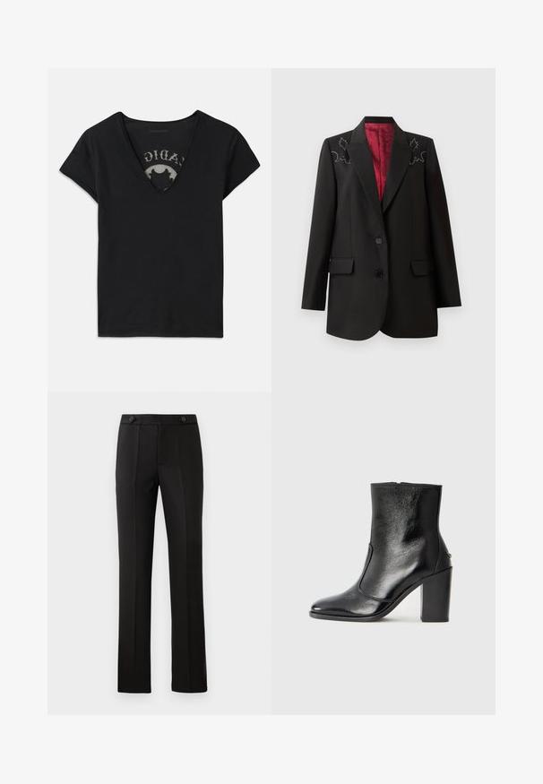 Sort skræddersyet blazer med dyb rød foring, der har blomsterbroderi på skuldrene og to forlommer. To-knap lukning.; Sort kortærmet t-shirt med en dyb V-udskæring, der har en mesh-panel og trykt design på det indre lag. Blødt og åndbart stof.; Sorte skræddersyede bukser med lige ben, to frontlommer, knaplukning og plissé detaljer foran. Glat stofstruktur.; Sorte læder ankelstøvler med en glat overflade, spids tå og en chunky høj hæl. Har en sidelukning og minimalistisk design.