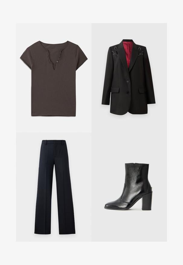 Svart skräddarsydd kavaj med en djup röd foder, med blommig broderi på axlarna och två framfickor med klaffar. Tvåknäppning.; Mörkgrå bomullströja med V-ringning, korta ärmar och en rad knappar framtill. Mjuk textur och avslappnad design.; Breda byxor i svart. Skräddarsydd passform med en jämn yta. Har en rad av metallnitar längs sidsömmarna för detaljer.; Svart läderankelboot med en slät yta, spetsig tå och en kraftig hög klack. Har en sidöppning och ett minimalistiskt design.
