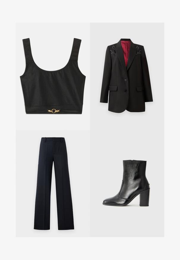 Blazer preto ajustado com forro vermelho escuro, apresentando bordados florais nos ombros e dois bolsos frontais com aba. Fecho de dois botões.; Top preto cropped com alças largas; alças texturizadas com "JUST" em relevo; apresenta ferragens circulares em tom dourado na bainha.; Calças de perna larga em preto. Corte ajustado com uma textura suave. Apresenta uma fileira de tachas metálicas ao longo das costuras laterais para detalhe.; Bota ankle preta em pele com uma textura suave, bico fino e um salto alto robusto. Apresenta uma abertura lateral e um design minimalista.