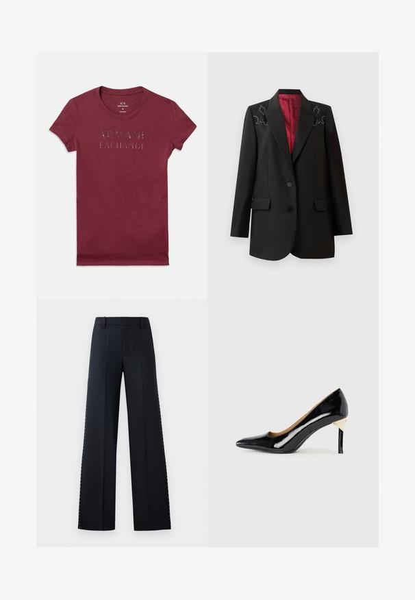 Blazer negro a medida con un forro rojo intenso, que presenta bordados florales en los hombros y dos bolsillos frontales con solapa. Cierre de dos botones.; Camiseta ajustada de manga corta burdeos con "ARMANI EXCHANGE" impreso en letras negras brillantes en el pecho.; Pantalones de pierna ancha en negro. Corte entallado con una textura suave. Presenta una fila de remaches metálicos a lo largo de las costuras laterales como detalle.; Zapato de tacón alto de charol negro con punta afilada y diseño recortado; presenta un elegante detalle en dorado en el tacón. Simple y elegante.