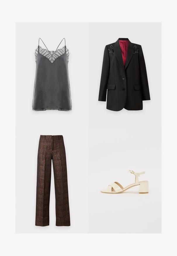 Blazer nero su misura con foderatura rosso scuro, caratterizzato da ricami floreali sulle spalle e due tasche anteriori con patta. Chiusura a due bottoni.; Camisola grigia in satin con spalline sottili e una sovrapposizione in pizzo a righe trasparente sullo scollo, con un design a forma di V.; Pantaloni a gamba larga in tessuto ricco di bordeaux e oro, caratterizzati da design intricati e una texture liscia. Vita elastica per il massimo comfort.; Sandali con tacco in pelle verniciata beige, design con cinturino incrociato, punta aperta, cinturino alla caviglia regolabile e tacco a blocco. Texture liscia.