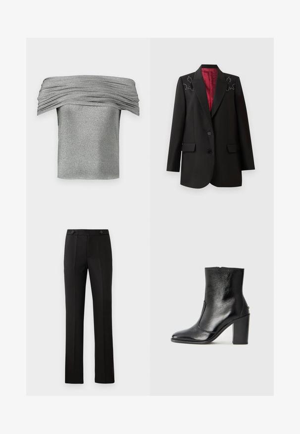 Must mustrik blazer sügava punase voodriga, lillelise tikandiga õlgadel ja kahe esipoolse klapikottiga. Kahe nööbiga sulgemine.; Hõbe õlgadelt avatud top, millel on koondunud tekstuur, valmistatud sädelevast kangast. Lühike, liibuv mudel, millel on sile viimistlus.; Mustad kohandatud püksid sirge säärega, kahe esipocketiga, nup closure'iga ja volditud detailidega ees. Sile kangatekstuur.; Must kõvale nahast pahklipsu saapad, millel on sile tekstuur, terav varvas ja paks kõrge kann. Omab külgavatust ja minimalistlikku disaini.