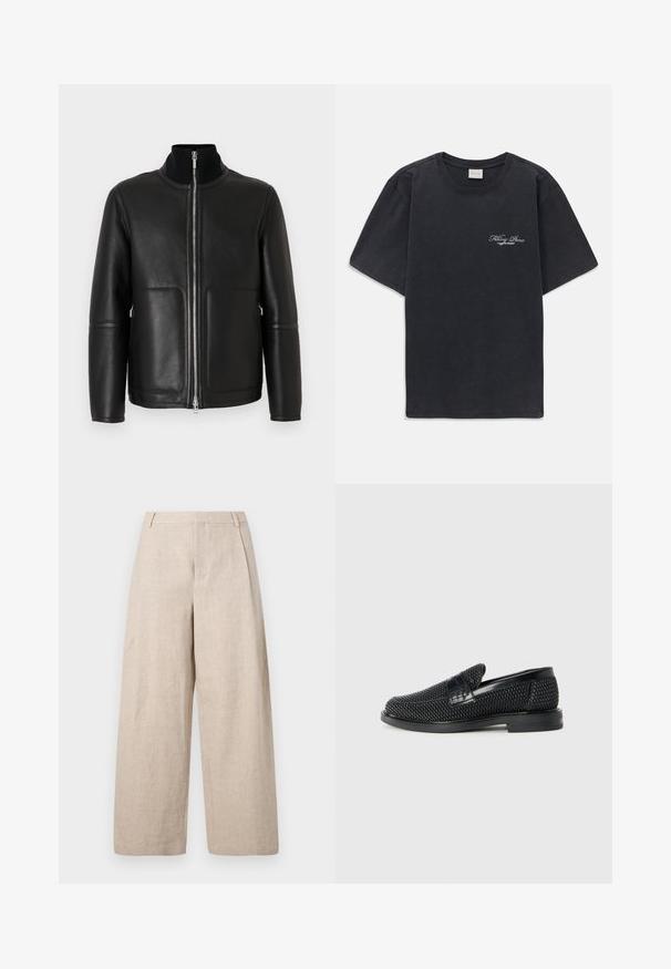 Sort læderjakke med høj krave, lynlås foran, to forlommer og minimale syningsdetaljer. Glat tekstur og struktureret form.; Sort kortærmet t-shirt med rund hals og lille hvidt "Filling Pieces" tekstlogo på venstre bryst.; Holzweiler ALEX ONE PLEAT TROUSER - Bukser - ecru; Sort vævet slip-on sko med en glat læderdetalje på overdelen, en rund tådesign og en lavprofil gummisål.