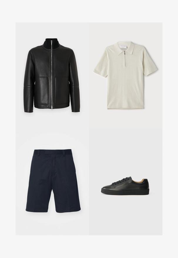 Black leather jacket with a high collar, zip front closure, two front pockets, and minimal stitching details. Smooth texture and structured shape.; Short-sleeve polo shirt in light beige with a zippered collar. Made of smooth fabric, features a simple, modern design without patterns.; Black shorts made of a smooth fabric, featuring a flat front, belt loops, and knee-length design with no visible patterns or hardware.; Black low-top leather sneaker with textured surface, black laces, and thick rubber sole, shown from the side on a light background.