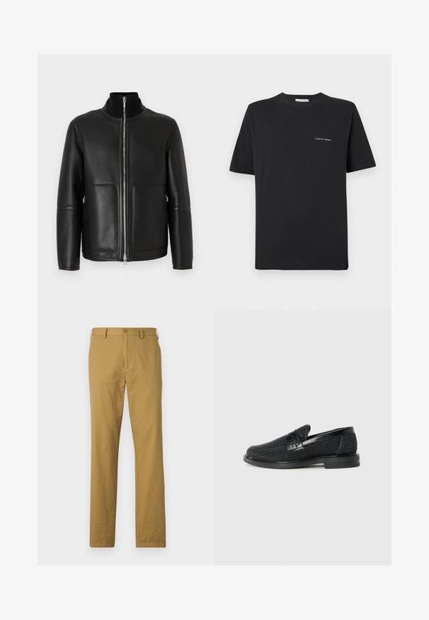 Schwarze Lederjacke mit hohem Kragen, Reißverschluss vorne, zwei Vordertaschen und minimalen Nahtdetails. Glatte Textur und strukturierte Form.; Schwarzes Baumwoll-T-Shirt mit Rundhalsausschnitt, kurzen Ärmeln und einem kleinen weißen "TIGER OF SWEDEN"-Logo auf der Brust. Klassischer Schnitt.; Beige Baumwollhosen mit geradem Schnitt, Vorderseiten-Taschen und Knopfverschluss. Glatte Textur und minimalistisches Design, keine sichtbaren Muster.; Schwarzer geflochtener Slipper mit einem glatten Lederakzent im Obermaterial, einem runden Zehendesign und einer flachen Gummisohle.