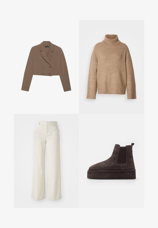 Lühendatud pruun bleiser, mis on valmistatud siledast kangast ning millel on sakiline krae, kahekordne nööpide sulgemine ja pikad varrukad.; Beežika kaelarätikuga kampsun, mis on valmistatud pehmest kootud kangast. Omaduseks on soonikuga kaelus ja mansetid, lõdvestunud lõige ja langetatud õlasaaled.; Laiad püksid helesbežis värvitoonis, valmistatud siledast kangast. Omavad klassikalist vööd ja siledat fronti puhaste joontega.; Pruunid suede Chelsea saapad elastsete külgpaneelidega ja paksu, tekstureeritud platvormitald. Omab kandmismugavuse jaoks kandaabi kandmisel.