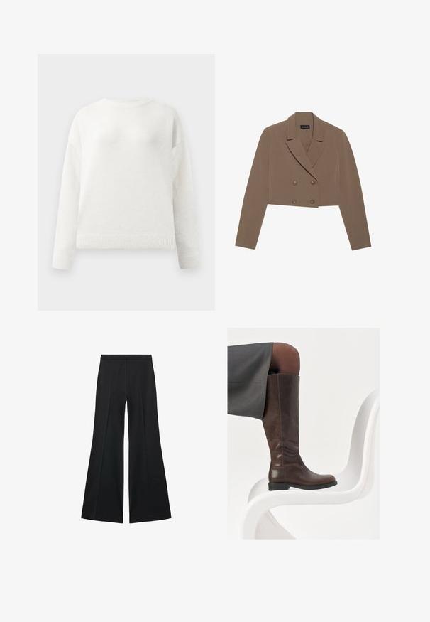 Krátký hnědý blejzr z hladké látky, s klopovým límcem, dvouřadým zapínáním na knoflíky a dlouhými rukávy.; Bílý svetr s dlouhým rukávem a kulatým výstřihem, s žebrovanými manžetami a spodním lemem, s měkkou, mírně huňatou texturou.; Černé kalhoty s širokými nohavicemi a hladkou texturou, s předními sklady a přizpůsobeným střihem. Materiál je lehký a splývavý.; Hnědá kožená kotníková bota s rounded toe, hladkou texturou a minimálními švy, umístěná na světlém pozadí na bílé židli.