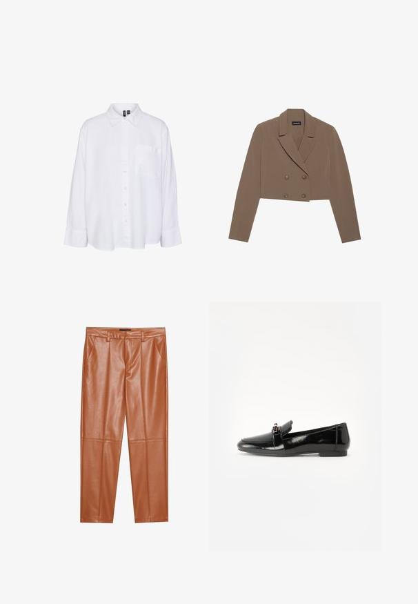 Cropped brown blazer made of smooth fabric, featuring a notched collar, double-breasted button closure, and long sleeves.; White long-sleeve shirt with a collar, button-down front, single chest pocket, relaxed fit, and soft fabric texture.; Brown faux leather trousers with a tailored fit, featuring front pleats and straight legs. Smooth texture with no visible hardware or accents.; Black patent leather loafer with a flat sole, rounded toe, and a decorative strap featuring a gold-tone accent. Smooth, shiny finish.