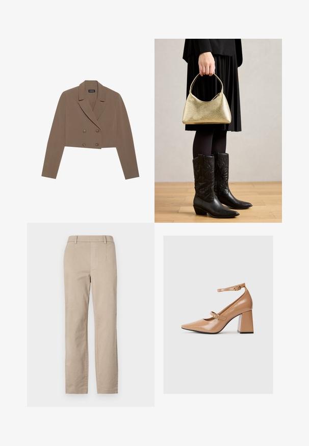 Blazer marrone accorciato realizzato in tessuto liscio, con colletto a spacco, chiusura a doppio petto con bottoni e maniche lunghe.; Gina Tricot Maglietta a manica lunga - turtledove; Pantaloni di cotone beige con design a gamba dritta, dotati di passanti per cintura e senza decorazioni o motivi visibili.; Décolleté in vernice beige con punta affusolata, cinturino alla caviglia e tacco squadrato chunky. Texture liscia con finitura lucida.; Borsa a tracolla dorata con una forma curva e manico corto, tenuta da una persona che indossa una gonna plissettata nera e stivali da cowboy in pelle nera.