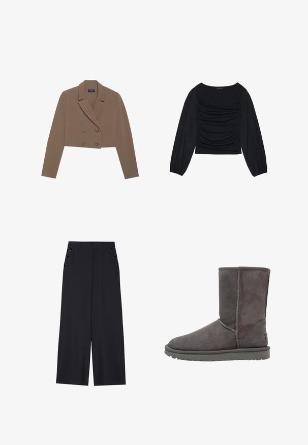 Geknipte bruine blazer van gladde stof, met een geknipte kraag, dubbele knoopsluiting en lange mouwen.; Zwarte longsleeve top met geplooid stofdetail aan de voorkant en bij de polsen, gemaakt van zachte, rekbare stof met een barco neckline.; Zwarte wijde broek in donkerblauw materiaal, met een gladde textuur, voorplooien en decoratieve goudkleurige ogen op de zijzakken.; Grijze leren enkellaars met een ronde neus, verticale naaddetails en een platte rubberen zool. Heeft een eenvoudig, onopgesmukt ontwerp.