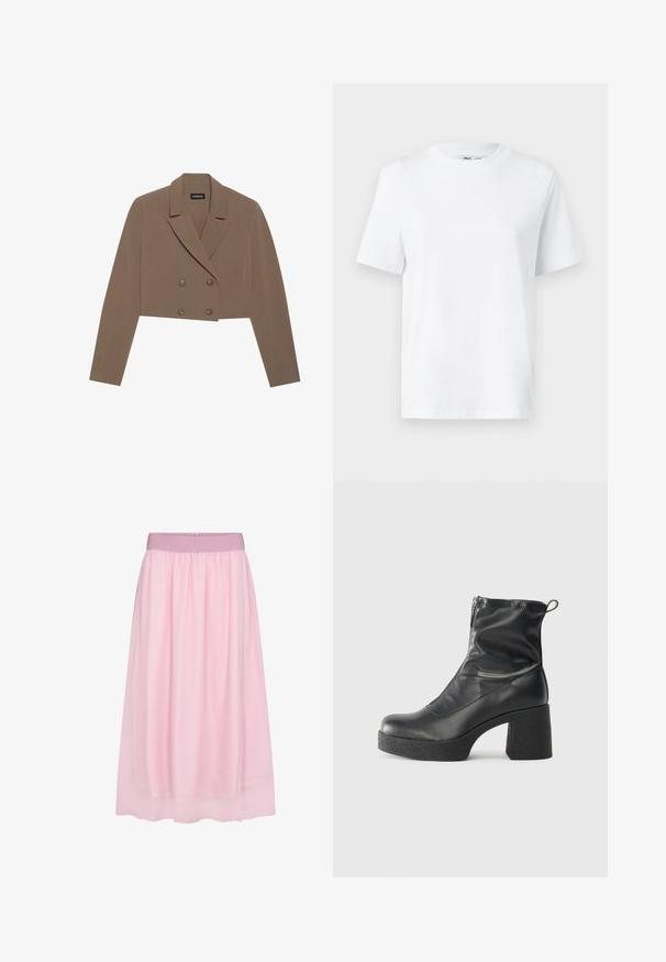 Sacou scurt de culoare maro, realizat dintr-un material neted, având guler tip notch, închidere cu nasturi dubli și mâneci lungi.; Tricou alb din bumbac, cu guler rotund, cu mâneci scurte și o textură netedă. Proiectat cu o croială lejeră pentru confort și versatilitate.; Fustă din tull roz cu un design moale, transparent. Dispune de o talie elastică și o siluetă fluidă, creând un efect stratificat.; Bocanci negri de glezna din piele netedă, cu fermoar lateral, toc texturat și masiv, și design cu vârf rotund.
