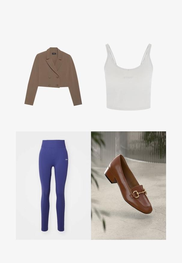 Lyhennetty ruskea bleiseri, joka on valmistettu sileästä kankaasta. Siinä on kaareva kaulus, kaksirivinen nappilukko ja pitkät hihat.; Valkoinen lyhyempi tankkitoppi ohuilla spagettiolkaimilla, pyöreä pääntie ja hienovarainen kohokuvioitu logo edessä. Pehmeä puuvillakangas.; Navy siniset tights, jotka on valmistettu joustavasta materiaalista. Niissä on leveä vyötärö, sileä pinta ja hienovarainen logo-yksityiskohta lantiossa.; Ruskea kiiltävä nahkaloaferi neliönmuotoisella varpaalla, metalliketjuaktsentilla ja matalalla tukijalalla; sileä rakenne, minimalistinen muotoilu.